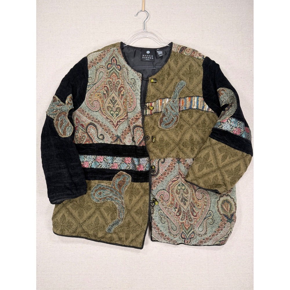 Maggie Barnes Petite Quilted Patchwork Jacket Paisley Tapestry Boho Olive Black